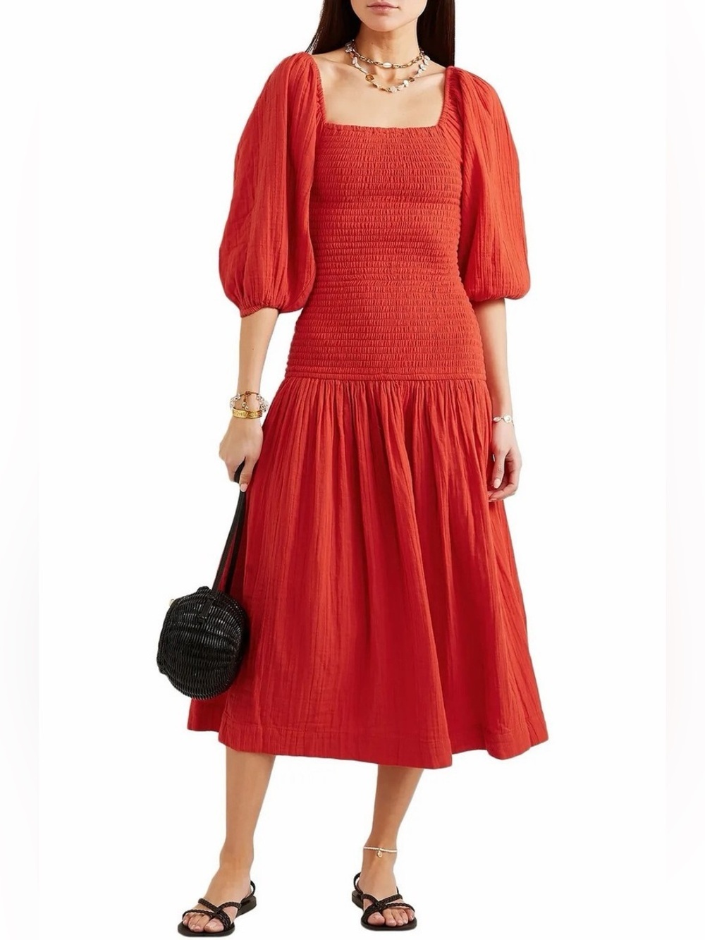 Rhode Resort Harper Red Smocked Midi Dress with Puff Sleeves (122)